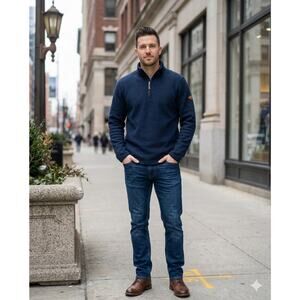 Orvis Men's XXL 1/4 Zip Pullover Sweater Sherpa Lined Blue Knit Pattern Outdoor